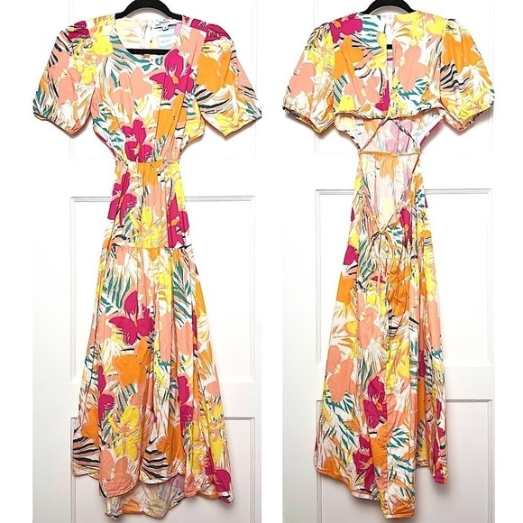 PETER SOM Tropical Floral Puff Short Sleeve Back Cutout Ruffle Tier Midi Dress 2 - Picture 4 of 8